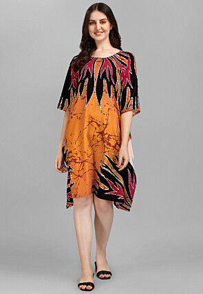 Digital Printed Crepe Kaftan Dress in Orange