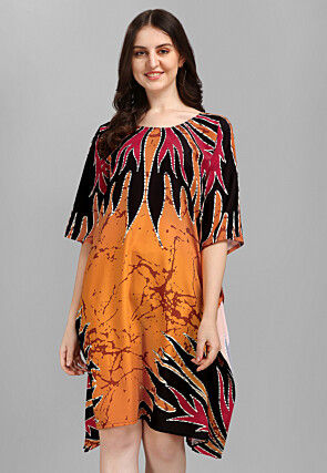 Digital Printed Crepe Kaftan Dress in Orange