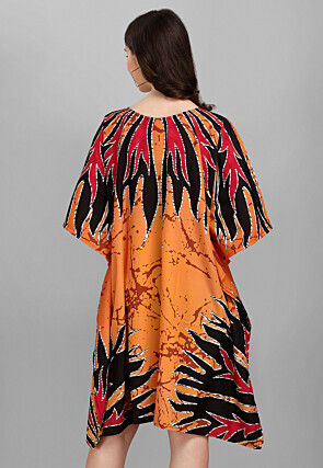 Digital Printed Crepe Kaftan Dress in Orange
