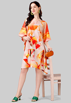 Digital Printed Crepe Kaftan Dress in Peach