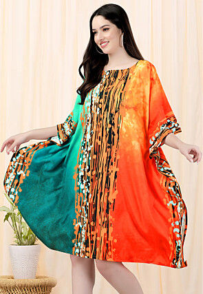 Digital Printed Crepe Kaftan Dress in Teal Green and Orange