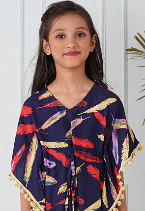 Digital Printed Crepe Kaftan Dress in Navy Blue