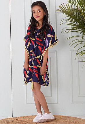 Digital Printed Crepe Kaftan Dress in Navy Blue