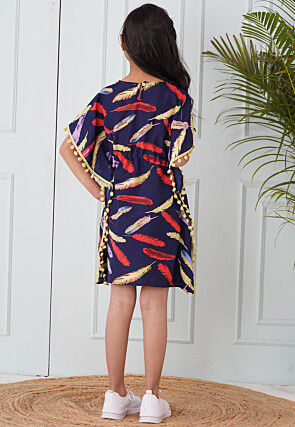 Digital Printed Crepe Kaftan Dress in Navy Blue