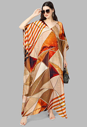Digital Printed Crepe Kaftan Maxi Dress in Beige and Orange