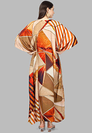 Digital Printed Crepe Kaftan Maxi Dress in Beige and Orange