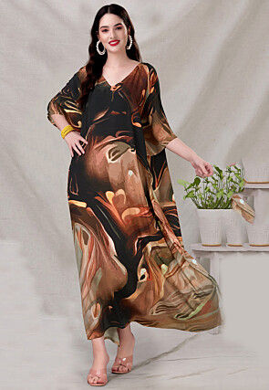 Digital Printed Crepe Kaftan Maxi Dress in Brown