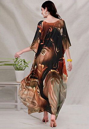 Digital Printed Crepe Kaftan Maxi Dress in Brown