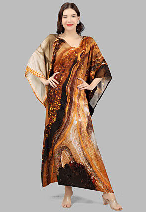 Digital Printed Crepe Kaftan Maxi Dress in Brown