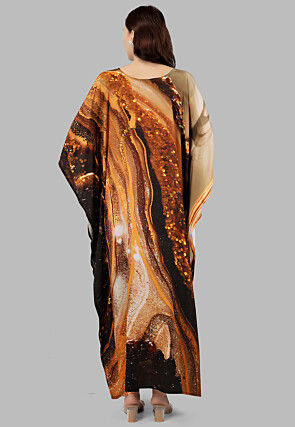 Digital Printed Crepe Kaftan Maxi Dress in Brown