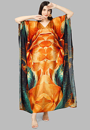 Digital Printed Crepe Kaftan Maxi Dress in Orange