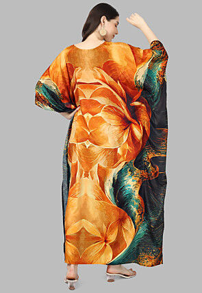 Digital Printed Crepe Kaftan Maxi Dress in Orange