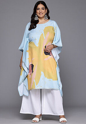 Digital Printed Crepe Kaftan Set in Sky Blue