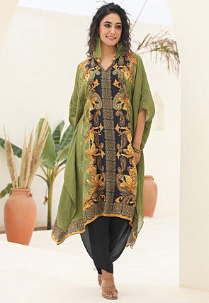 Digital Printed Crepe Kaftan Style Kurta Set in Green