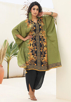 Digital Printed Crepe Kaftan Style Kurta Set in Green