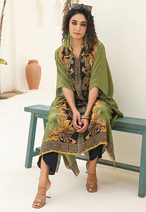 Digital Printed Crepe Kaftan Style Kurta Set in Green