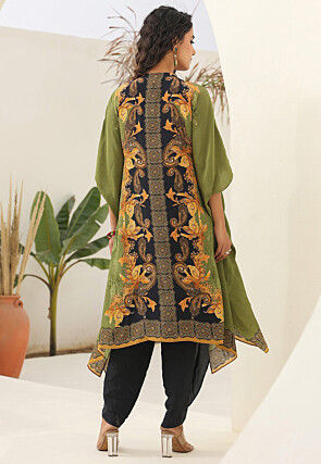 Digital Printed Crepe Kaftan Style Kurta Set in Green