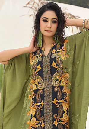 Digital Printed Crepe Kaftan Style Kurta Set in Green