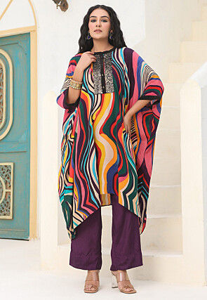 Digital Printed Crepe Kaftan Style Kurta Set in Multicolor