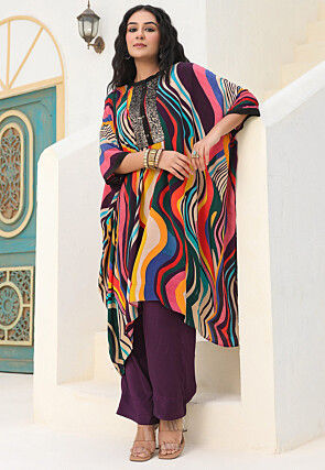 Digital Printed Crepe Kaftan Style Kurta Set in Multicolor