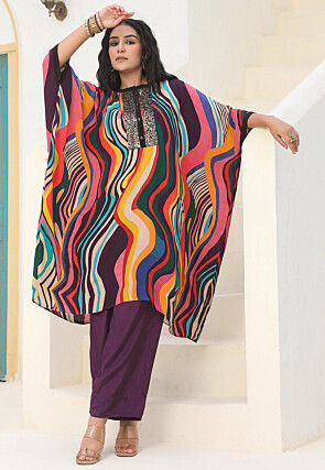 Digital Printed Crepe Kaftan Style Kurta Set in Multicolor