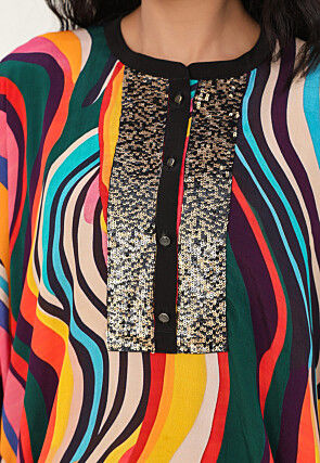 Digital Printed Crepe Kaftan Style Kurta Set in Multicolor