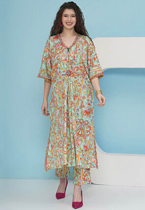 Digital Printed Crepe Kaftan Style Kurta Set in Sea Green