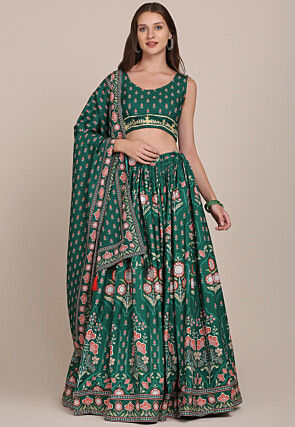 Digital Printed Crepe Lehenga in Green