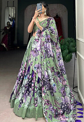 Digital Printed Crepe Lehenga in Light Green