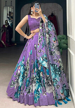 Digital Printed Crepe Lehenga in Light Purple