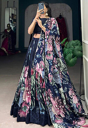 Digital Printed Crepe Lehenga in Navy Blue