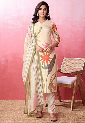Digital Printed Crepe Pakistani Suit in Beige