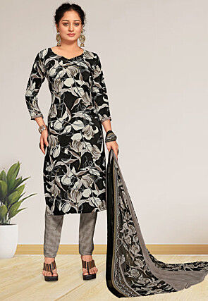 Digital Printed Crepe Pakistani Suit in Black and Grey