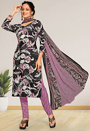 Digital Printed Crepe Pakistani Suit in Black and Purple