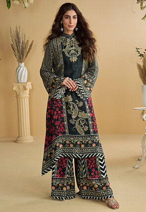 Digital Printed Crepe Pakistani Suit in Black and Red