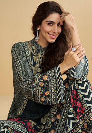 Digital Printed Crepe Pakistani Suit in Black and Red