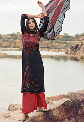 Digital Printed Crepe Pakistani Suit in Black and Red