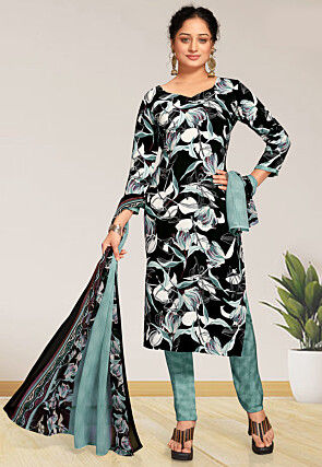 Digital Printed Crepe Pakistani Suit in Black and Sea Green