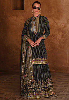 Digital Printed Crepe Pakistani Suit in Black