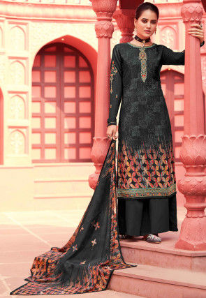 Digital Printed Crepe Pakistani Suit in Black
