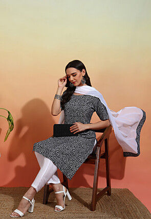 Digital Printed Crepe Pakistani Suit in Black