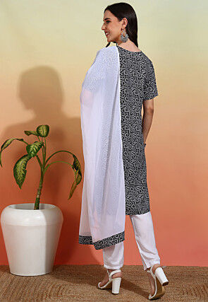 Digital Printed Crepe Pakistani Suit in Black