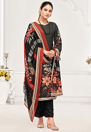 Digital Printed Crepe Pakistani Suit in Black