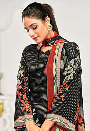Digital Printed Crepe Pakistani Suit in Black