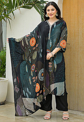 Digital Printed Crepe Pakistani Suit in Black