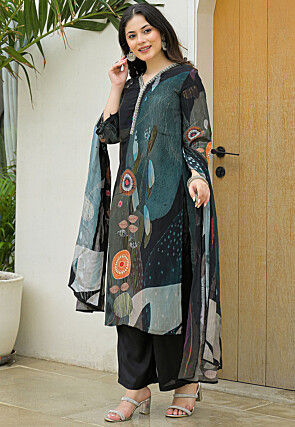 Digital Printed Crepe Pakistani Suit in Black