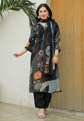 Digital Printed Crepe Pakistani Suit in Black