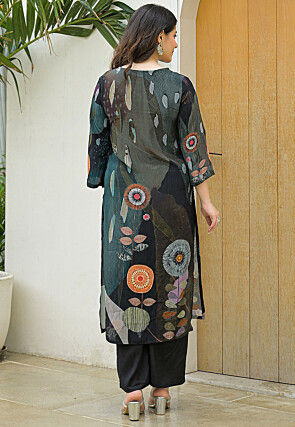 Digital Printed Crepe Pakistani Suit in Black