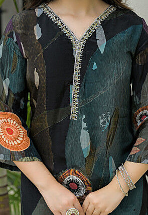 Digital Printed Crepe Pakistani Suit in Black