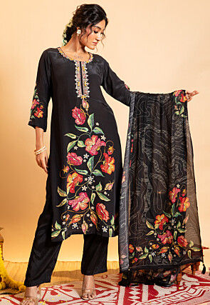 Digital Printed Crepe Pakistani Suit in Black